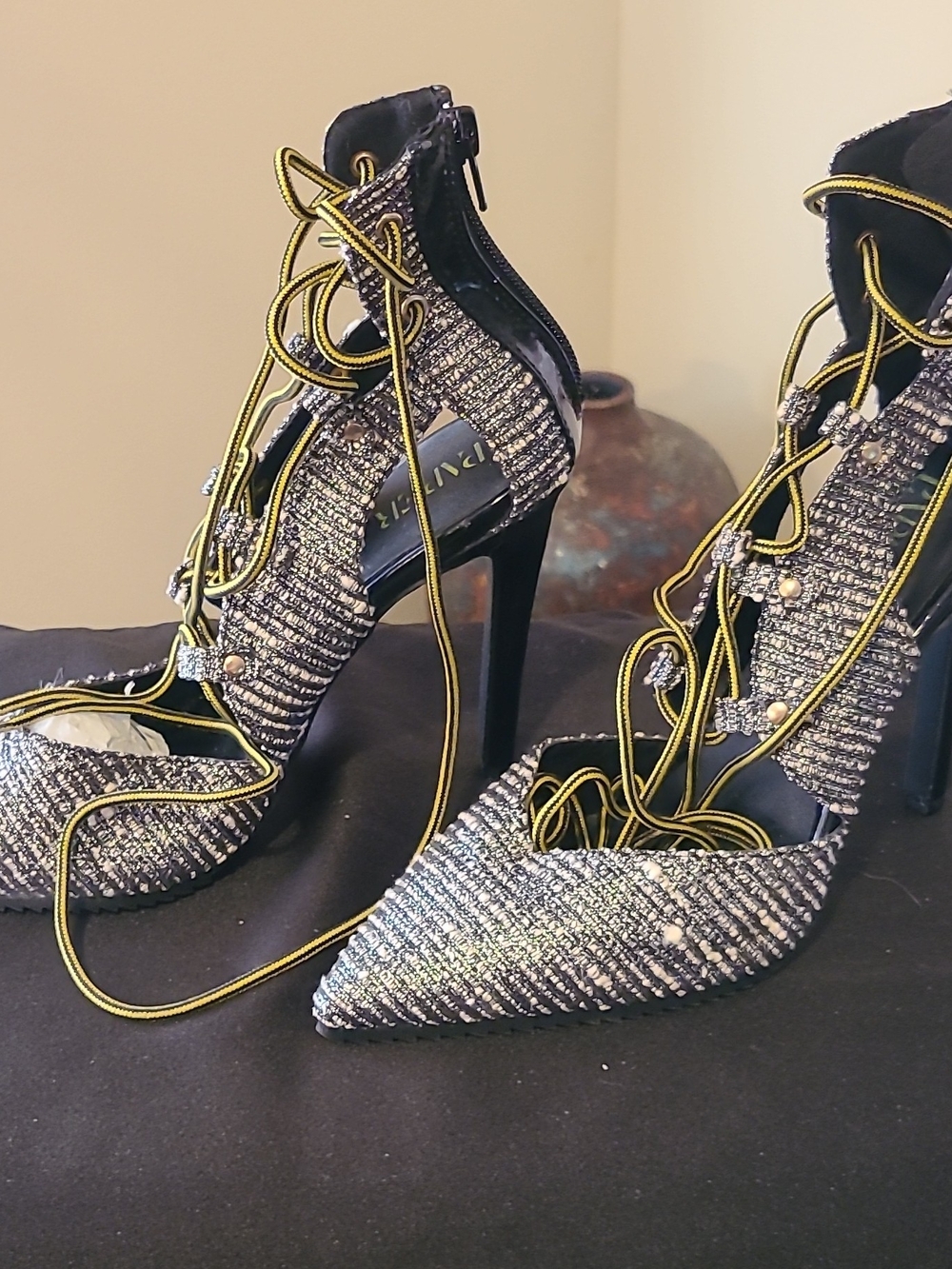 Paper Fox Metallic Tweed Lace-Up Stiletto Heels